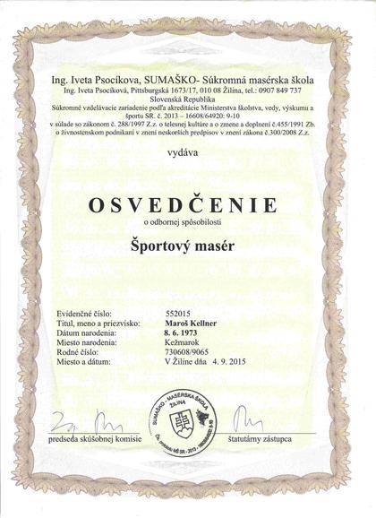 Osvedčenie Športový masér, SUMAŠKO, 2015