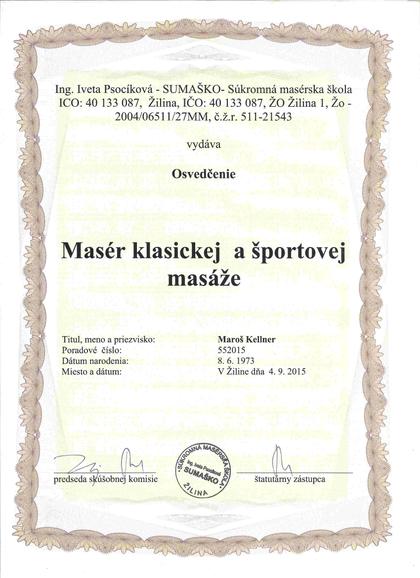 Osvedčenie Masér klasickej a športovej masáže, SUMAŠKO, 2015