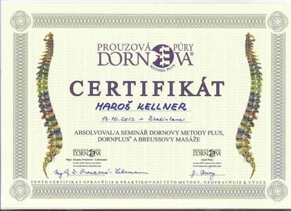 Certifikát zo seminára Dornovej metódy Plus a Breussovej masáže