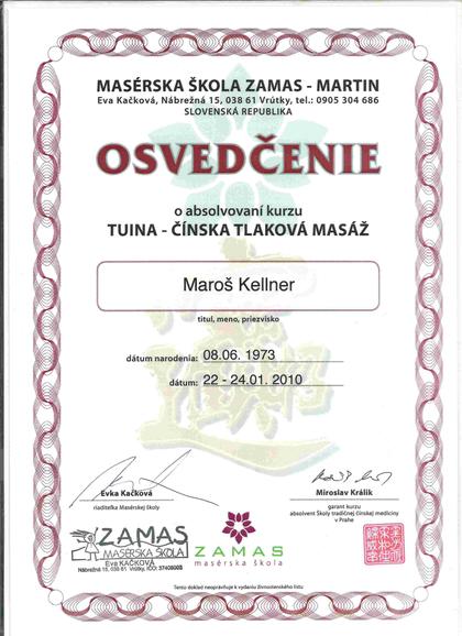Osvedčenie z kurzu Tuina, čínska tlaková masáž, ZAMAS, 2010