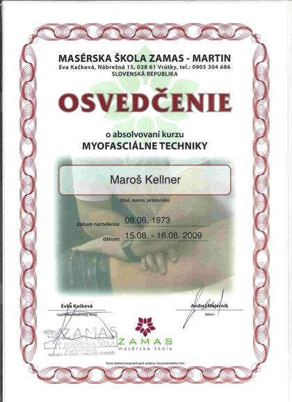 Osvedčenie 2009: Myofasciálne techniky, Masérska škola ZAMAS Martin