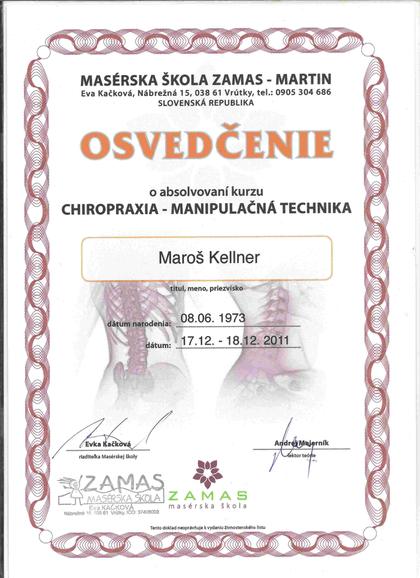 Osvedčenie z kurzu manipulačných techník chiropraxie, ZAMAS, 2011