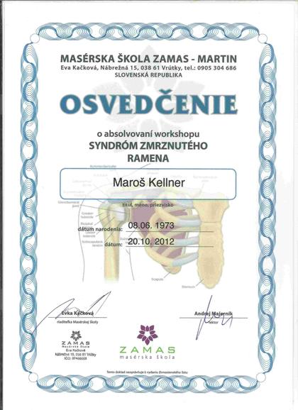 Osvedčenie z workshopu Syndróm zmrznutého ramena, ZAMAS, 2012