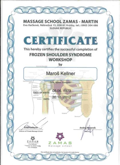 Anglická verzia certifikátu k syndrómu zmrznutého ramena, ZAMAS, 2012
