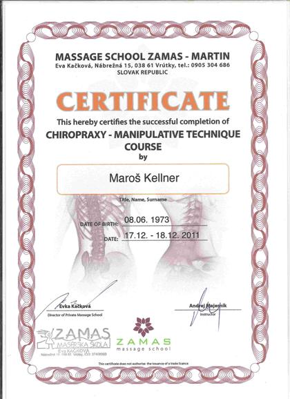 Anglická verzia certifikátu z kurzu manipulačných techník chiropraxie, ZAMAS, 2011