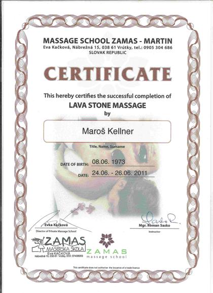 Certifikát 2011: Lava Stone Massage, Massage School ZAMAS