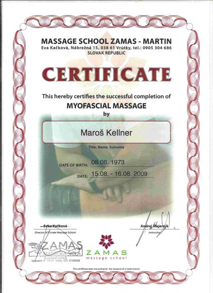 Anglická verzia certifikátu z kurzu myofasciálnych techník, ZAMAS, 2009