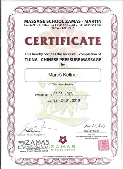 Anglická verzia certifikátu z kurzu čínskej tlakovej masáže Tuina, ZAMAS, 2010