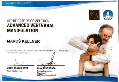 Certifikát 2025: Advanced Vertebral Manipulation, Royal Academy / INSTEMA, Jihlava, lektor: Juan José Boscá